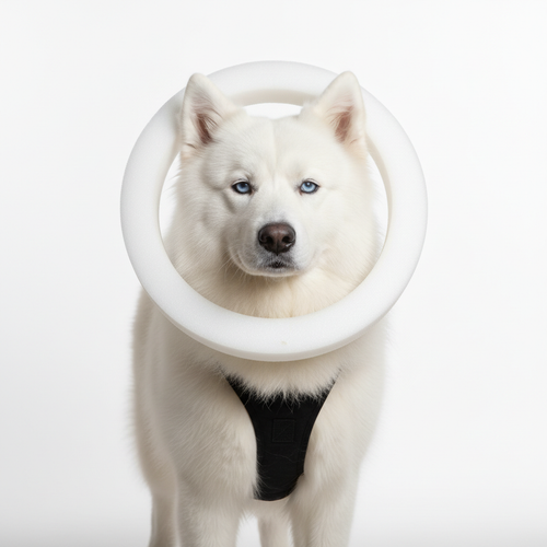 Blind dog wearing a halo bumper guard for navigation