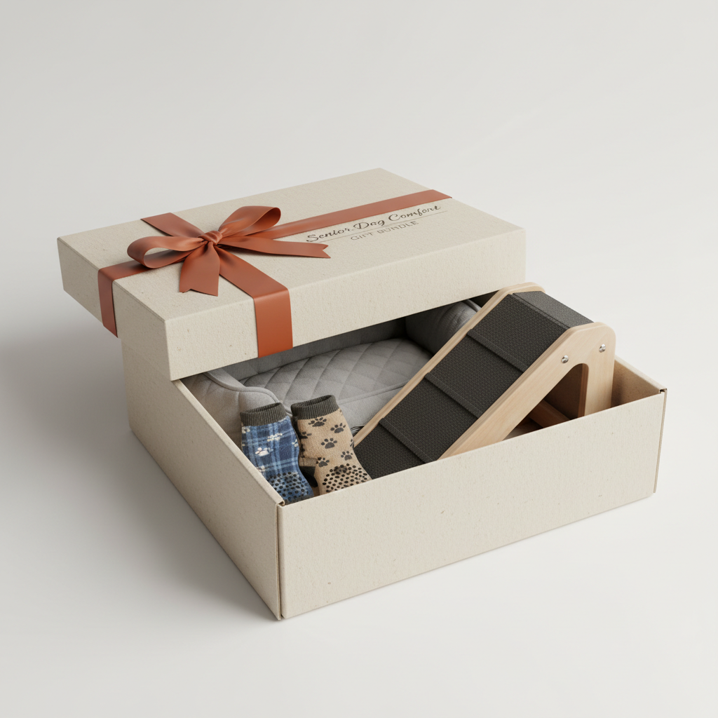 Senior dog comfort bundle gift set with bed, socks, and ramp