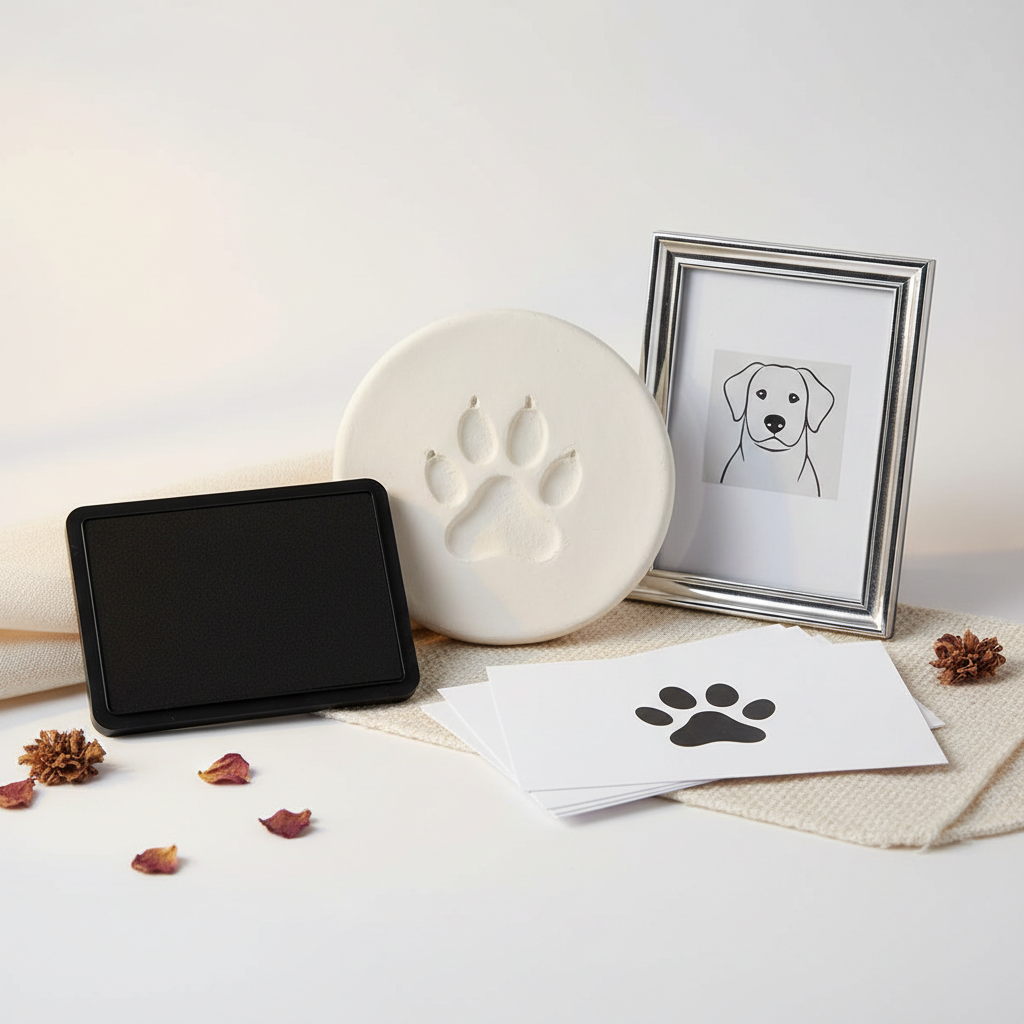 Dog paw print keepsake kit with clay impression and ink print frame