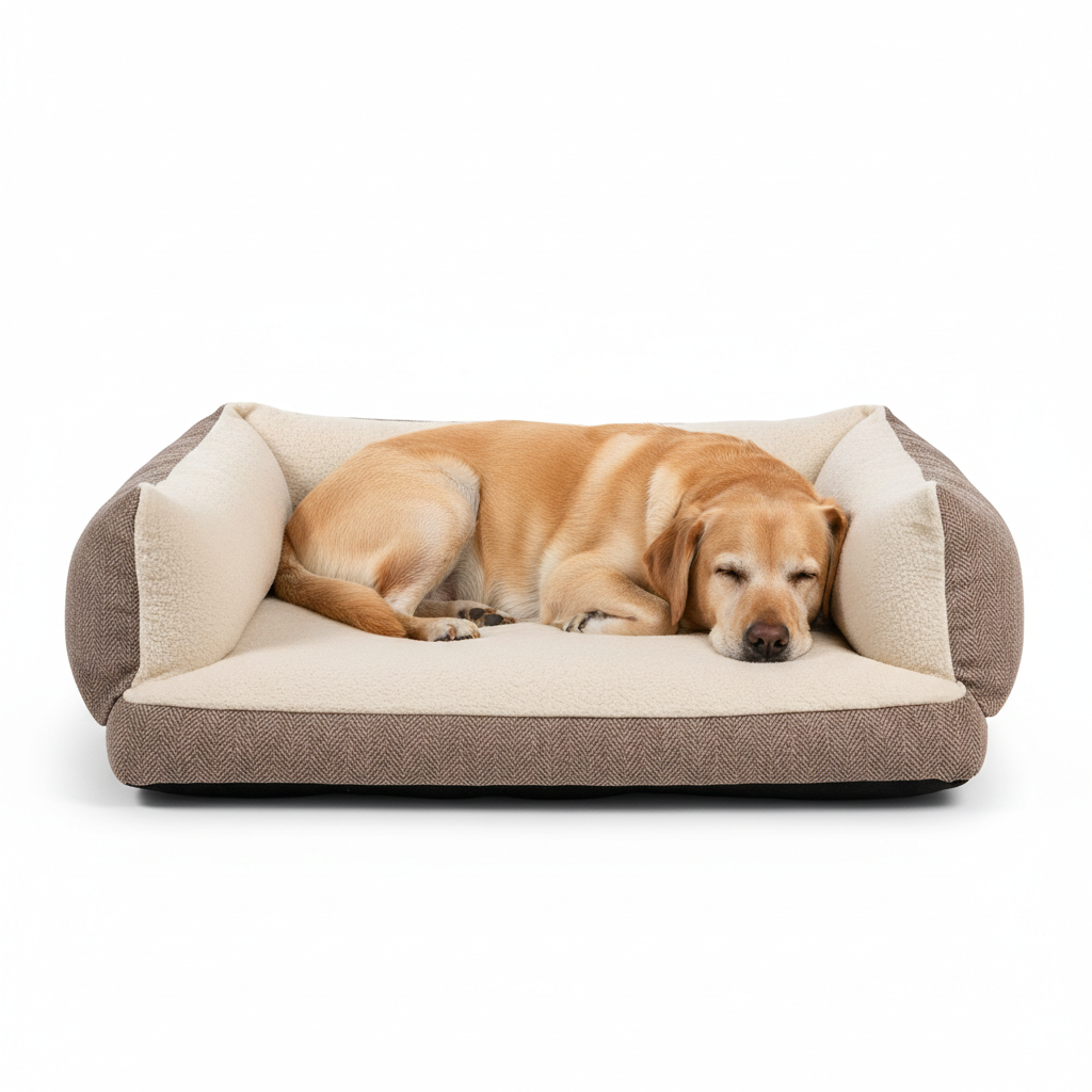 Senior dog resting on an orthopedic memory foam bolster bed