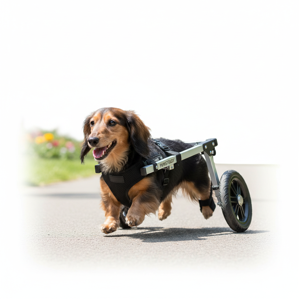 Senior dog using an adjustable rear-support wheelchair