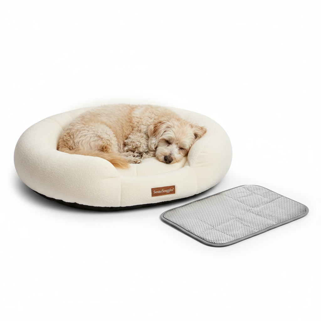 Senior dog resting on a heated dog bed with self-warming mat