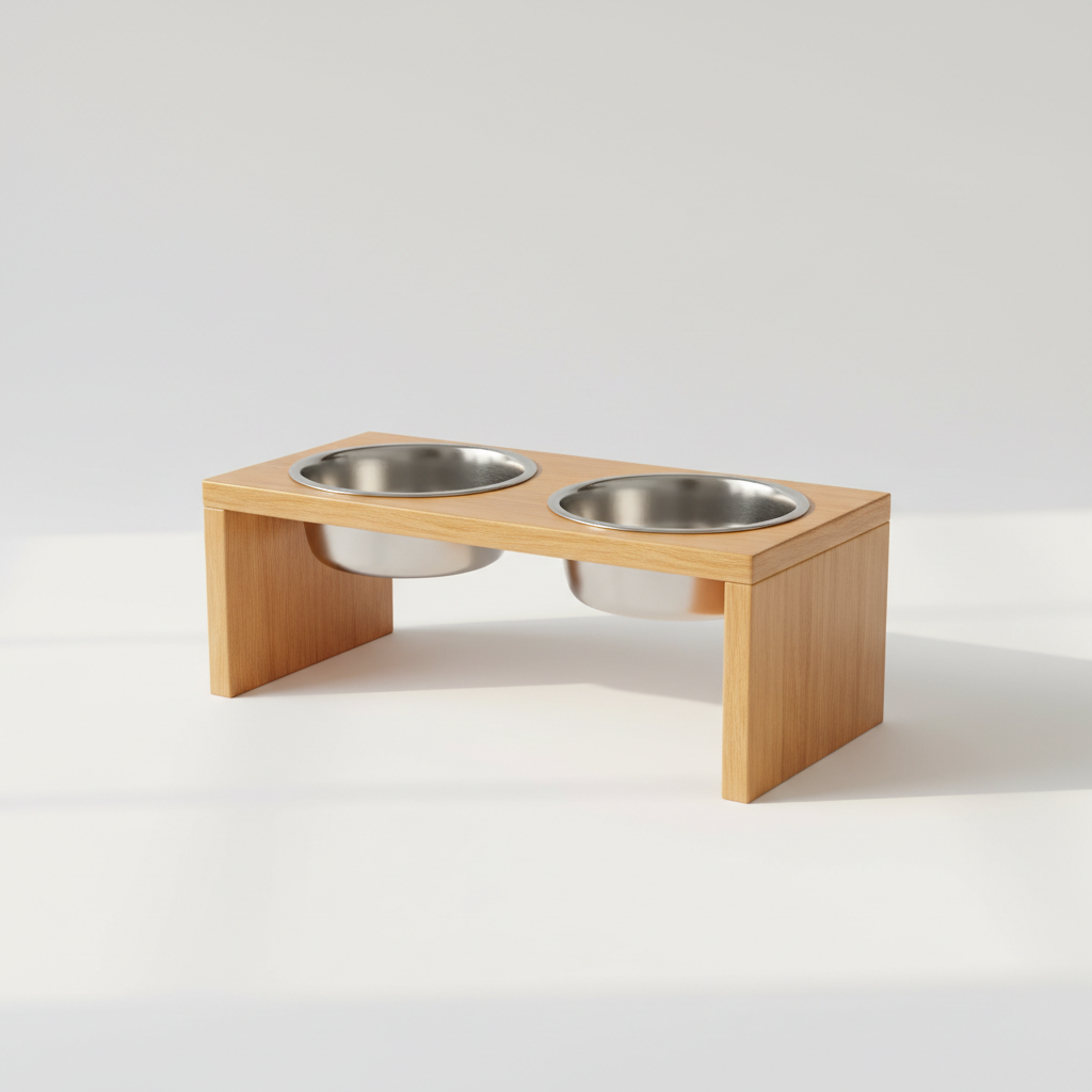 Elevated raised dog feeder bowl set on a wooden stand
